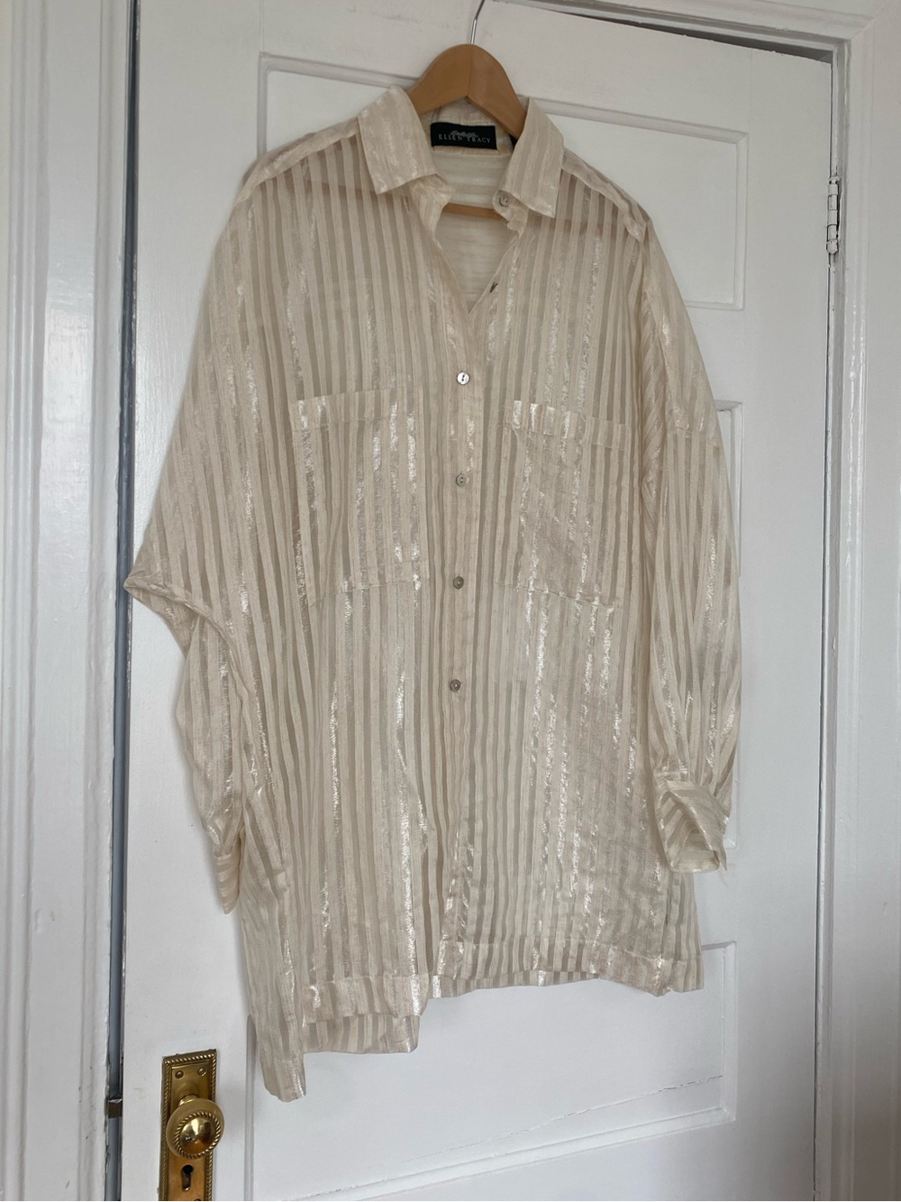 Linda Allard Ellen Tracey gauzy striped linen blend button down shirt